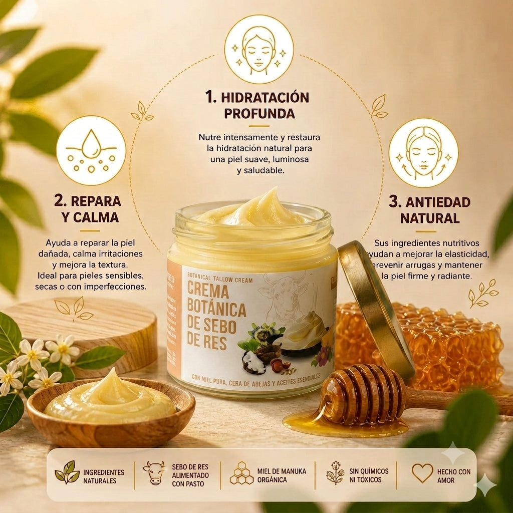 Crema Ancestral de Sebo de Res: Sana y rejuvenece tu piel con sebo y miel de manuka